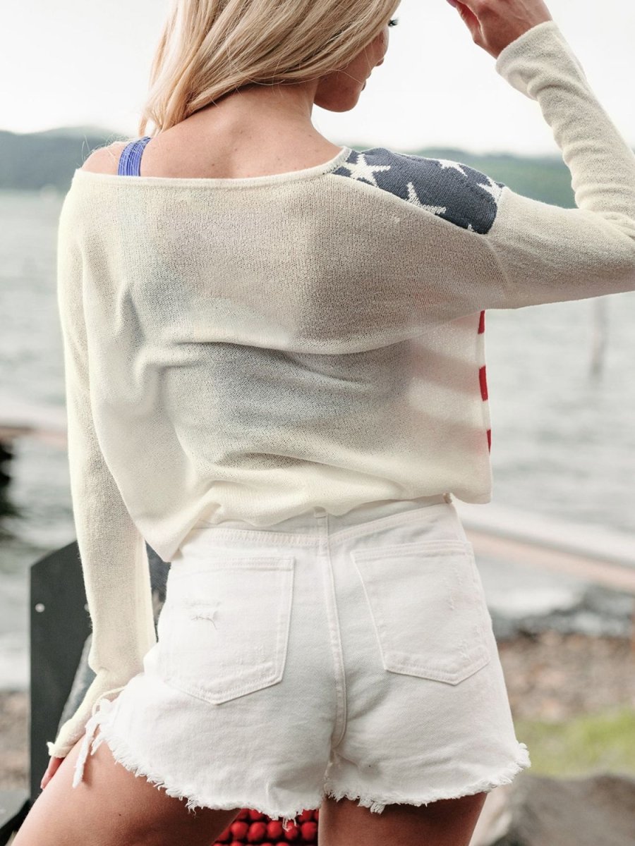 US Flag Boat Neck Long Sleeve Knit Top T - Shirts Graphics Fashion Bravada