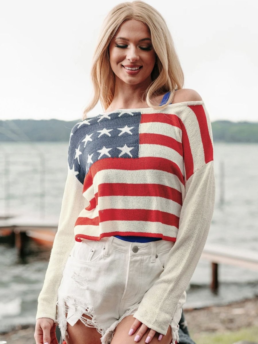 US Flag Boat Neck Long Sleeve Knit Top T - Shirts Graphics Fashion Bravada