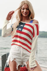 US Flag Boat Neck Long Sleeve Knit Top T - Shirts Graphics Fashion Bravada