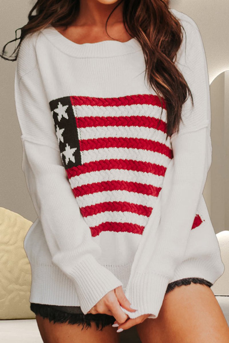 US Flag Liberty Long Sleeve Knit Top Sweaters Graphics Fashion Bravada
