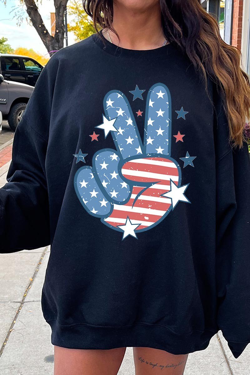 USA Peace Hand Sign Graphic Fleece Sweatshirts Sweatshirts Contemporary Fashion Bravada